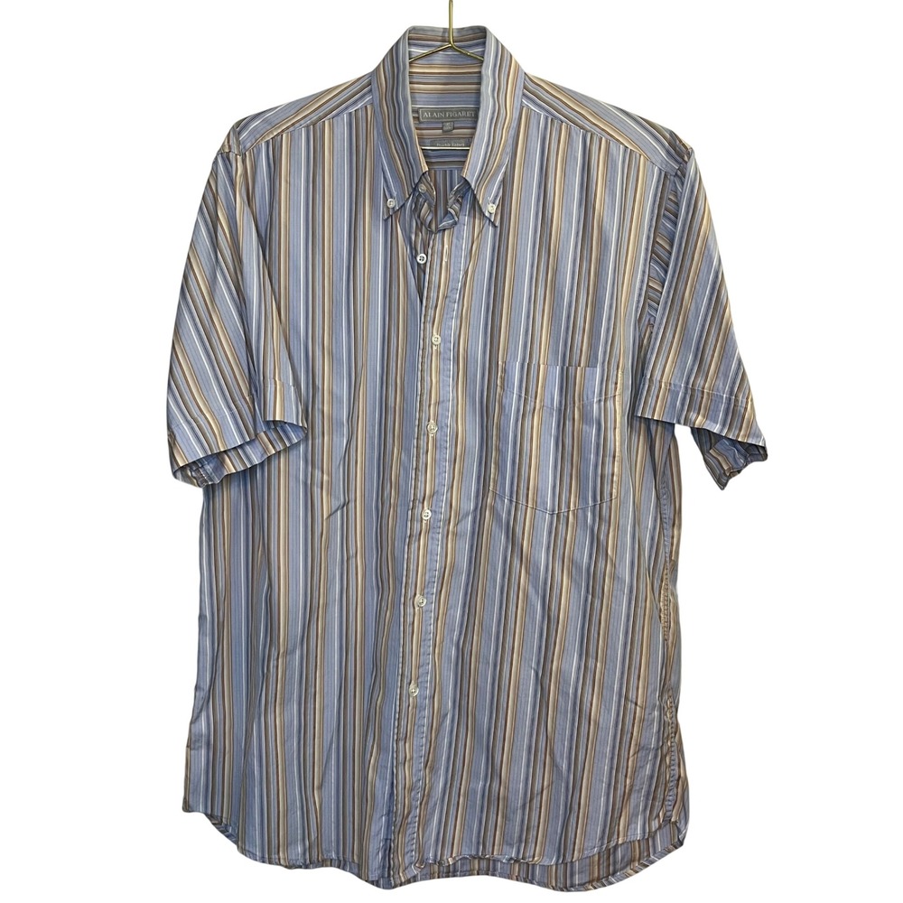 Alain Figaret Mens Blue Tan Striped Double Retors Short Sleeve Shirt Size 15.75